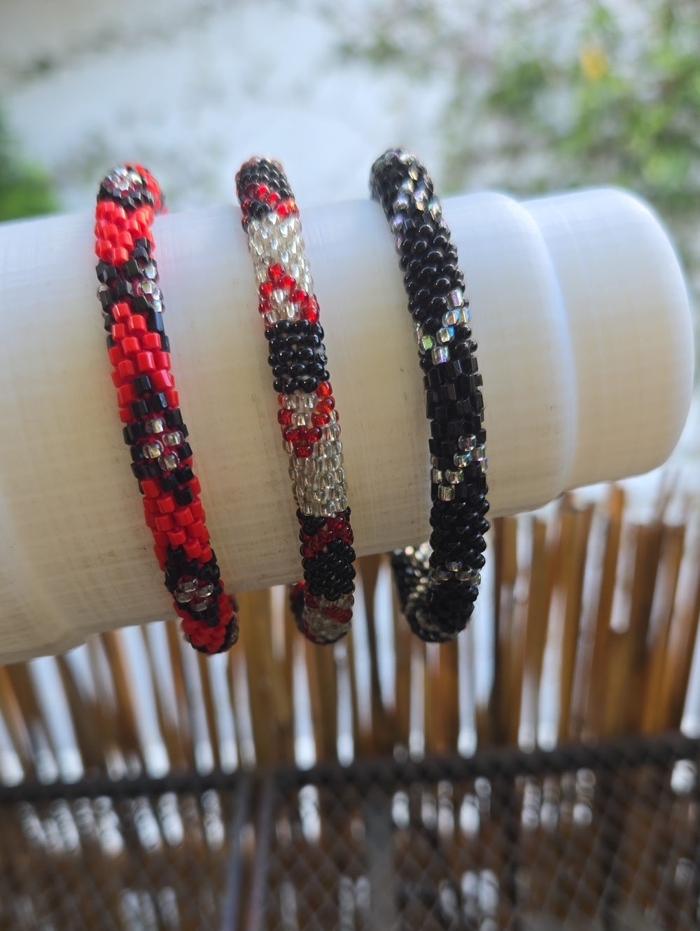 SeedBead Peyote Stitch Bangle Bracelets Set of 3 - Red, Black & Silver SIZE 7